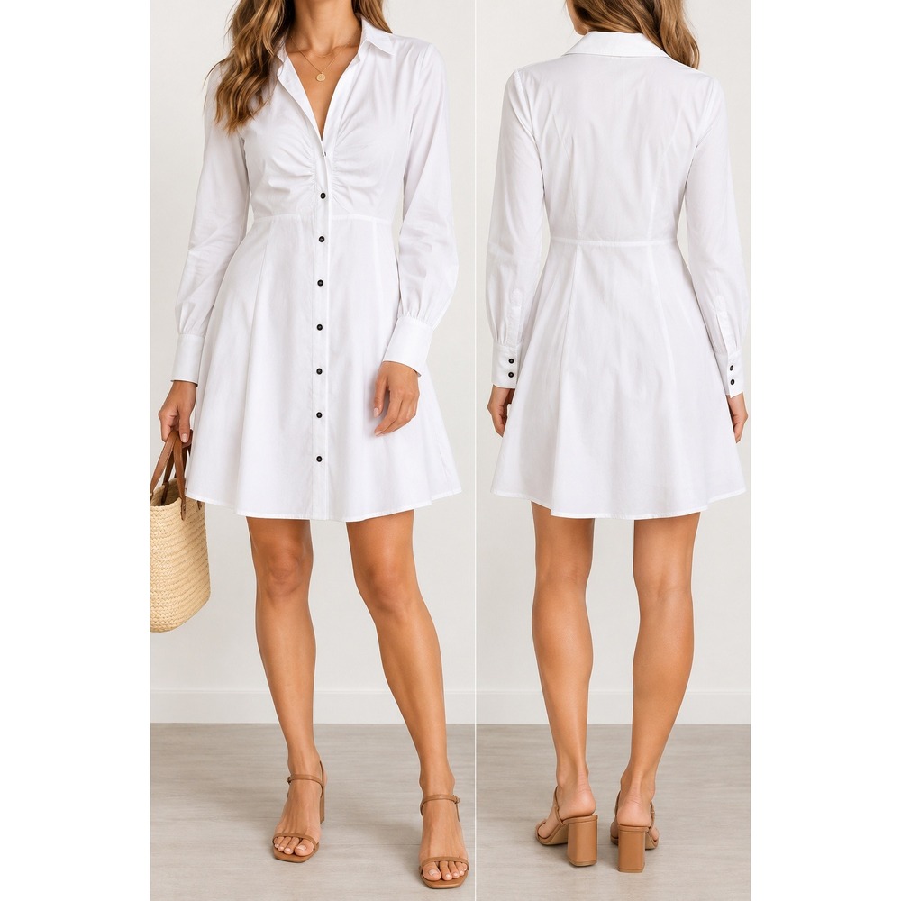 DR2 White Ruched Button Front Shirt Dress M NWT Cottagecore Minimalist